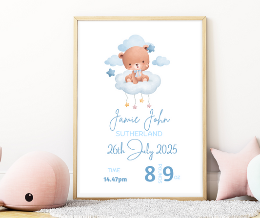 Baby Boy Teddy Bear Personalised Print