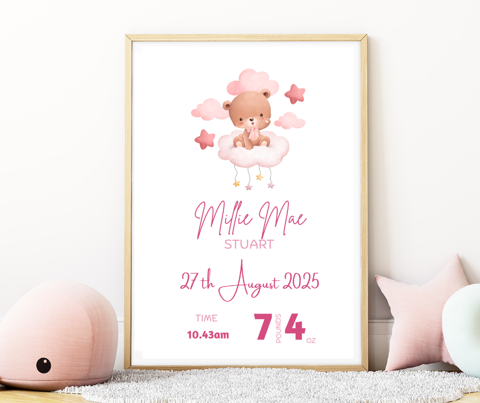 Baby Girl Teddy Bear Personalised Print